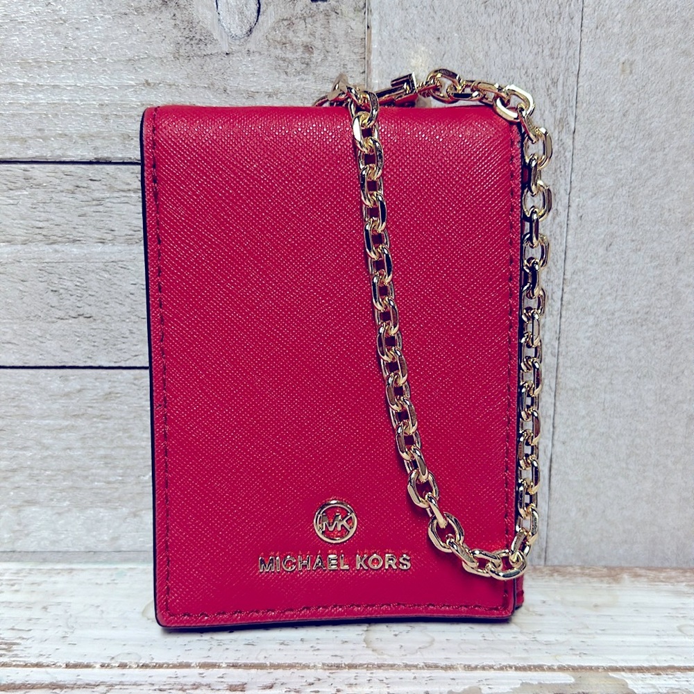 Michael Kors like new jet set red saffiano leather chain wristlet wallet